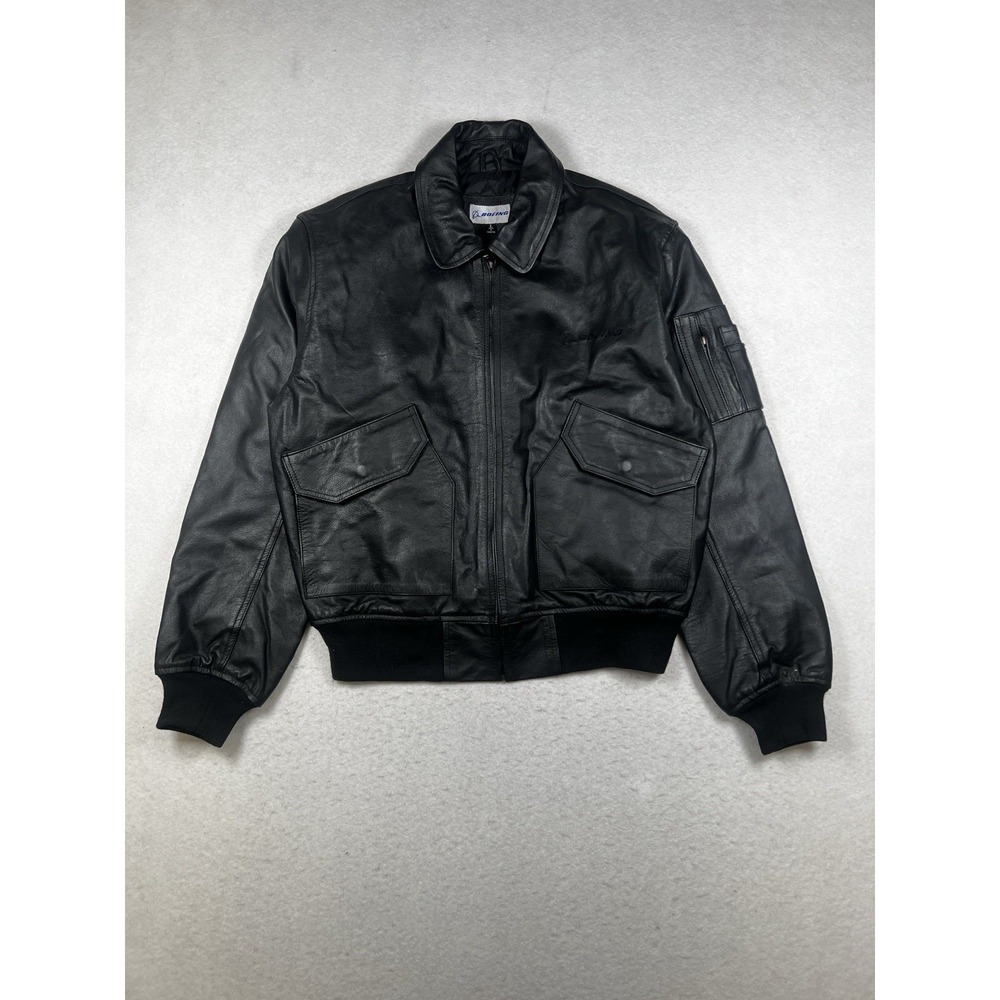 Vintage Boeing Leather Jacket Men's Large Black Bomber Flight Aviator Coat